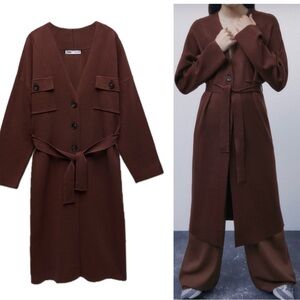 Zara chocolate brown knit midi button front cardigan sweater Sz M